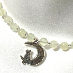 Genuine Gemstone Pale Green Prehnite Silver Cat on the Moon Beaded Necklace